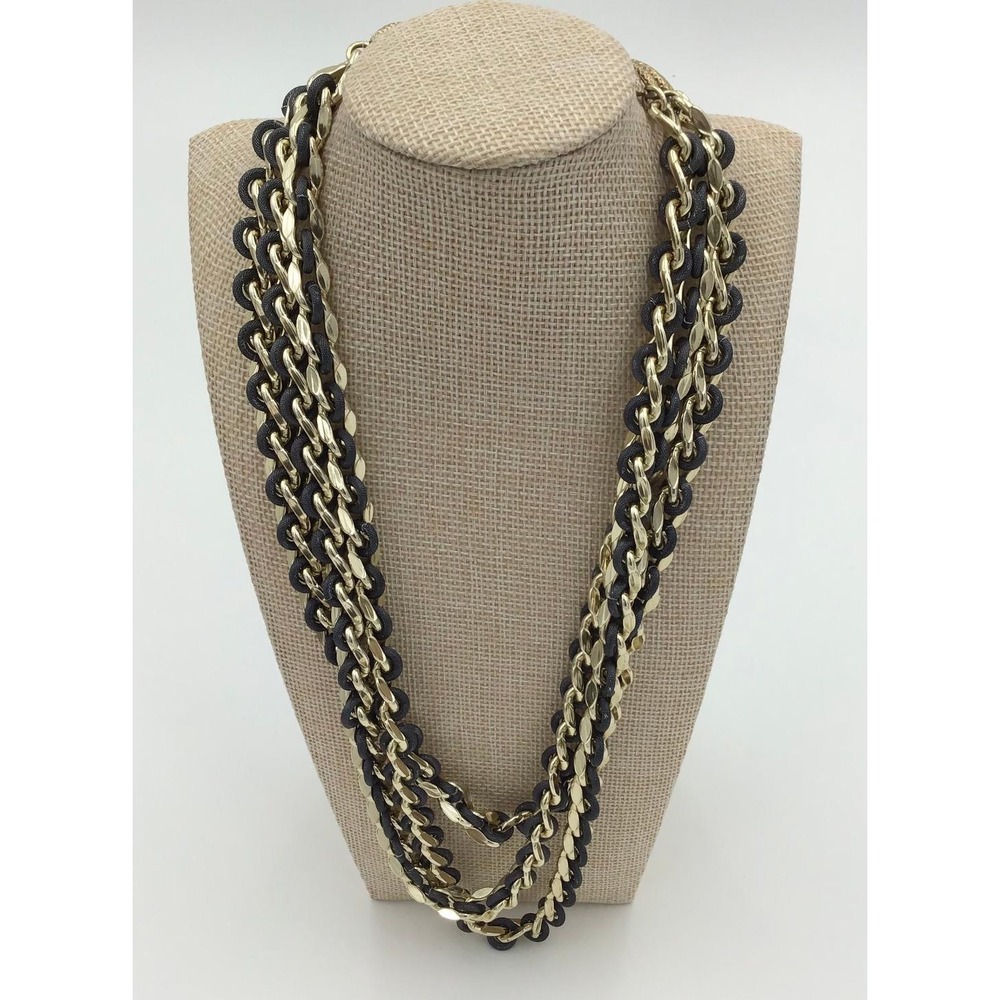 VTG Sarah Coventry Gold Tone Black Cord Multi Strand Chain Necklace Statement